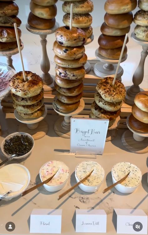 Brunch For Party, Senior Breakfast Table Ideas, Bagel And Coffee Bar, Breakfast At Wedding Receptions, Bagel Baby Shower Brunch, Muffin Display Brunch, Coffee Bar Bachelorette Party, Bagel Station Brunch, Brunch Wedding Reception Food Buffet