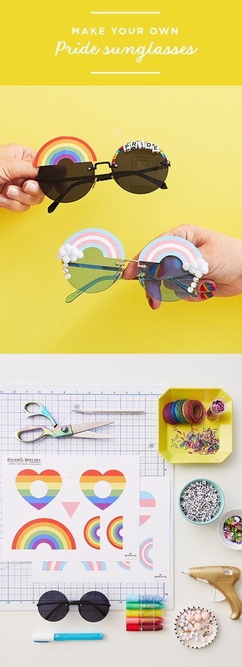 It’s Pride Month, and that means getting your rainbow on for parades and parties that celebrate the LGBTQ community. Hallmark Designer Katie K. came up with these perfect—and perfectly easy—DIY Pride Sunglasses. Print out our free downloads, get out your craft supplies, and turn ordinary sunglasses into FUNglasses. Pride Diy Ideas, Pride Kids Craft, Pride Ideas Diy, Easy Pride Crafts, Pride Month Activities For Teens, Diy Pride Decorations, Lgbtq Crafts Ideas, Pride Activities For Teens, Pride Craft Ideas