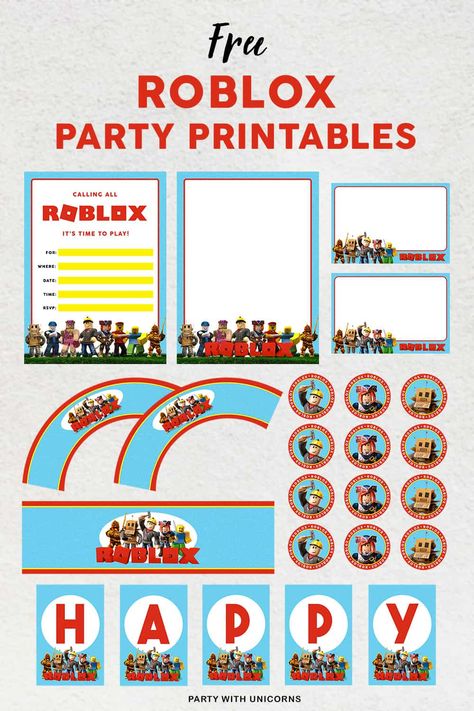 Are you planning a Roblox Party? Download these free Roblox party printables including Roblox Party Invitations Roblox Chocolate Bar Wrappers, Roblox Thank you Cards, Roblox Birthday Banners, Roblox Cupcake Toppers and Roblox Waterbottle Wrappers | Roblox Party | Roblox #roblox #robloxparty Roblox Birthday Printables Free, Roblox Party Printables Free, Roblox Birthday Banner Free Printable, Roblox Party Invitations Free Printable, Roblox Happy Birthday Banner Printable, Roblox Banner Free Printable, Roblox Birthday Party Ideas Printables, Roblox Thank You Tags Printable, Roblox Printables Free