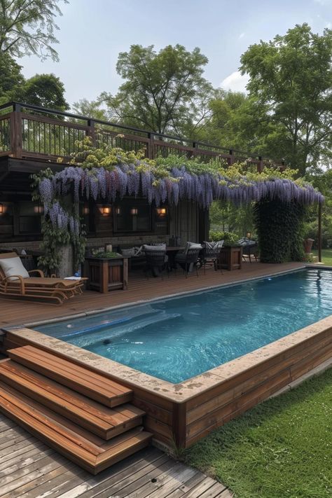 15 Stunning Above Ground Pool Ideas for Your Backyard 43 Small Backyard Patio Designs With Above Ground Pool, Pool In Deck Above Ground, Narrow Above Ground Pool, Ground Decks Backyard, Dreamy Backyard Landscaping, Landscaping With Pool Backyard, Amazing Outdoor Spaces, Lounge Pool Ideas, Storage Container Pool