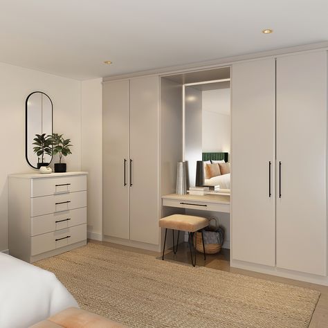 Vanity Ideas Bedroom Wardrobe, Dressing Table Beside Wardrobe, Wardrobe With Makeup Area, Dressing For Small Bedroom, Vanity Cupboard Bedroom, Dressing Table In Small Bedroom, Wardrobe With Dressing Table In Middle, Classy Bedroom Small, Wardrobe Design Bedroom With Vanity