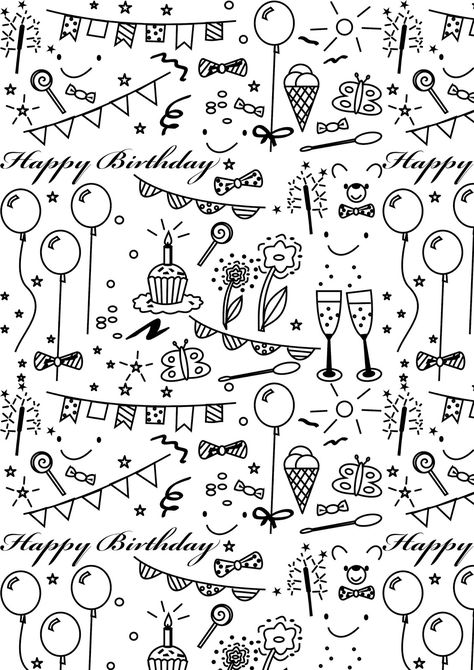 MeinLilaPark – DIY printables and downloads: Free printable birthday coloring paper - ausdruckbares Geschenkpapier - freebie Happy Birthday 手書き, Printable Wrapping Paper, Coloring Paper, Birthday Doodle, Free Printable Planner Stickers, Sketch Notes, Doodle Lettering, Planner Printables Free, Bullet Journal Doodles