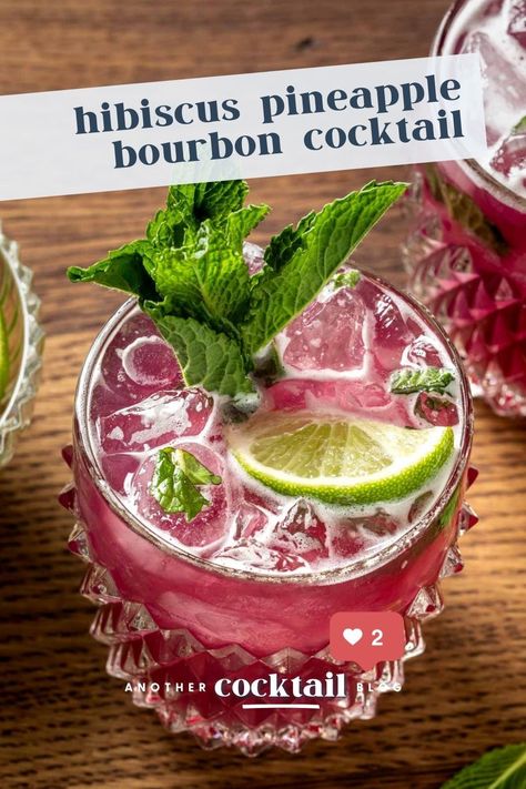 Inspired by tropical Hawaiian iced tea, this hibiscus pineapple bourbon cocktail features a beautiful purple hue and a floral and sweet flavor profile with a subtle hint of mint. Margaritas, Hibiscus Cocktail Recipe, Hibiscus Tea Cocktail, Pineapple Bourbon Cocktail, Tea Party Drinks, Hibiscus Cocktail, Bartender Drinks Recipes, Hawaiian Cocktails, Bourbon Cocktail