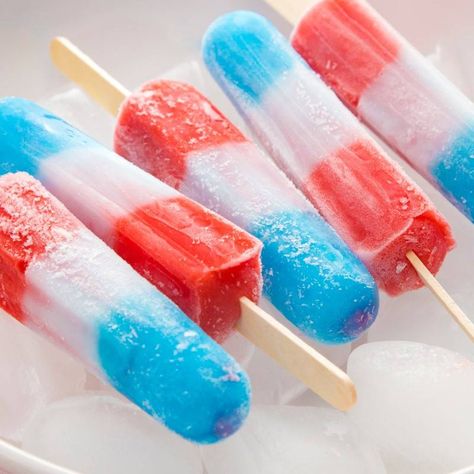 July 4th Popsicles, Fourth Of July Popsicles, Homemade Freezies, Bombpop Popsicle, Popsicle Aesthetic, Rocket Popsicles, 4th Of July Popsicles, Firecracker Popsicle, Ice Popsicles