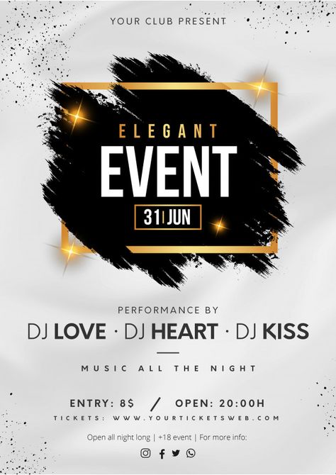 Elegant event poster with black splash F... | Free Vector #Freepik #freevector #poster #music #party #sport Creative Event Poster Design, Poster Ideas For Events, Event Poster Design Ideas, Event Poster Ideas, Posters For Events, Party Event Poster, Event Poster Layout, Event Poster Design Inspiration, Event Planning Brochure