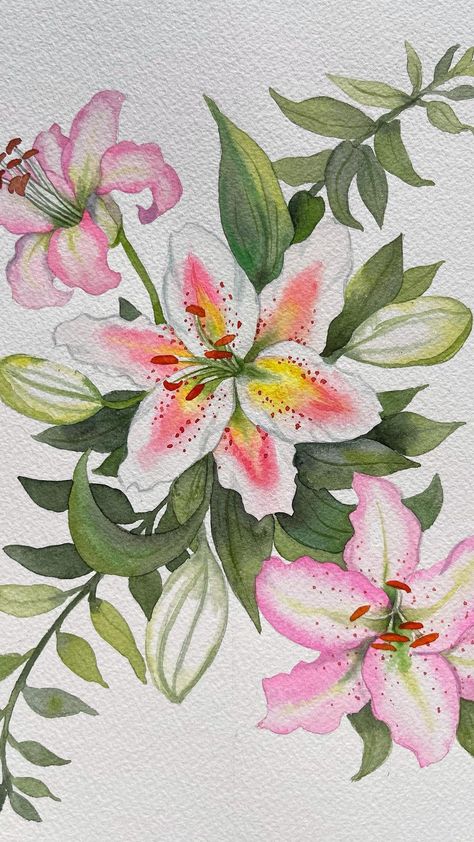 Lilies Flower Drawing, Lillys Flowers Drawing, Watercolour Flower Wallpaper, Drawing Lillies Flowers, Lily Flower Doodle, Flower Sketchbook Cover, Flower Painting With Watercolors, Lily Flower Painting Easy, Painting Watercolour Ideas