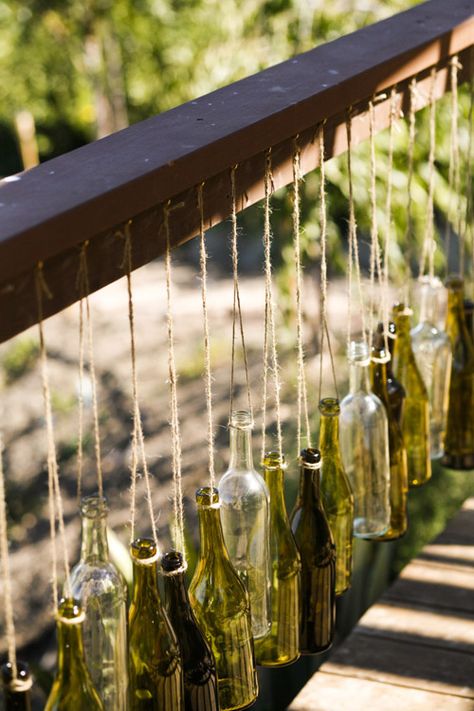 Hanging Wine Bottles, Hanging Bottles Decoration, Hanging Glass Bottles, Hanging Bottles, Ceremony Background, Bottle Hanging, Milk Bottle Vases, Small Terrarium, Unique Garden Art