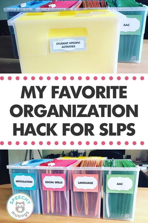 Are you looking for a simple way to organize all your speech and language therapy resources? My favorite way SLP organization tip is to use file bins to store all your speech and language therapy activities and resources. This simple to use organization system allows you to keep all your favorite speech and language therapy activities organized and easily accessible. Learn how I use them and grab free labels to help you organize your speech therapy activities here. Slp Organization Materials, Organizing Speech Therapy Materials, Slp Organization Speech Room, Small Speech Therapy Room Setup, Speech Therapy Room Organization, School Slp Organization, Speech Therapy Organization Ideas, Speech Therapy Classroom Setup, Speech Therapy Room Ideas