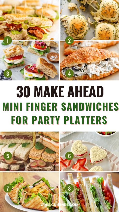 Elevate your party platters with these 30 make-ahead mini finger sandwiches! Perfect for any gathering, these bite-sized delights include classics like cucumber and cream cheese, savory ham and cheddar, and gourmet smoked salmon. Easy to prepare and delicious, these mini group sandwiches will impress your guests . Ideal for brunches, lunch, picnic, work, teas, crowd, or any celebration! 🥪🎉 #PartyFood, Paninis, Packed Sandwich Ideas,  Make Ahead Italian Sandwiches Sandwiches Trays Party Ideas, Finger Sandwiches Ham And Cheese, Sandwich Skewers Parties Food, Cold Sandwich Appetizers For Party, Yea Party Sandwich Recipes, Sandwich For Party Ideas, Cute Sandwiches For Party, Garden Party Sandwich Ideas, Mini Sandwiches For Picnic