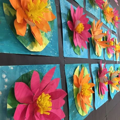 3-D WATER LILIES! 2nd GRADE! – Art with Mrs Filmore Crepe Paper Art Ideas, 3rd Grade Art Show Projects, 2nd Grade Spring Art Projects, Student Art Projects, One Day Art Lessons Elementary, Elementary School Art Projects, First Grade Art Projects, Waterlily Art, Art Lessons For Elementary