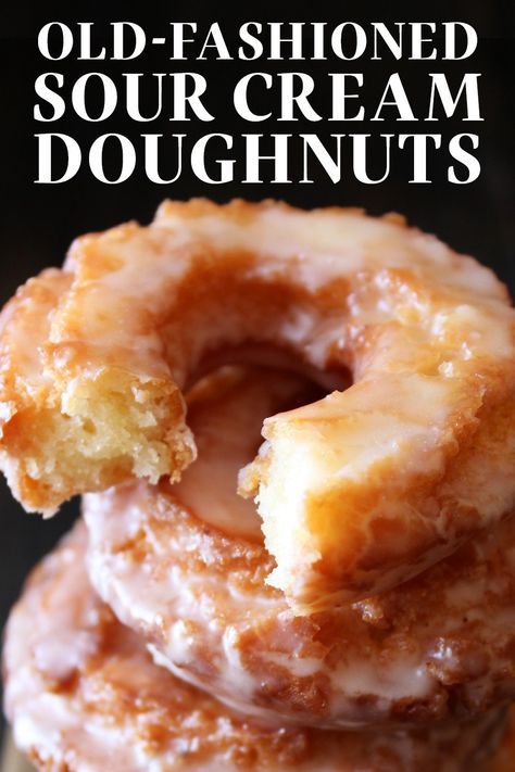 Homemade Old-Fashioned Sour Cream Doughnuts are coated in glaze and taste just like the cakey ones at your favorite bakery! No yeast makes this fried recipe simple. #oldfashioneddonut #sourcreamdoughnut Sour Cream Donuts Baked, Sour Cream Baked Donuts Recipe, Sour Cream Glazed Cake, Baked Old Fashioned Sour Cream Donut Recipe, How To Make Cake Donuts Easy Recipes, Glazed Cake Donut Recipe, Old Fashion Sour Cream Donuts Recipe, Old Fashioned Sour Cream Donut Recipe, Sour Cream Glazed Doughnut