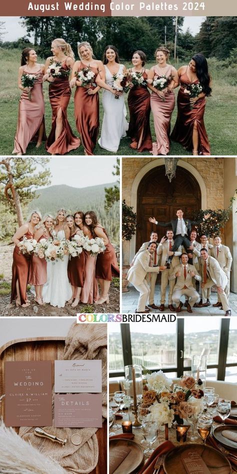 Brown, dusty rose and cream August wedding color palettes inspirations for 2024: mixed matched bridesmaid dresses of brown and dusty rose, white bridal gown, cream groom and groomsmen suits with brown ties, brown and dusty rose wedding invitations, brown and dusty rose wedding table decorations. #weddingcolors #weddingideas #summerweddings #augustwedding #colsbm #2024 #bridesmaiddresses #brownanddustyrose August Wedding Colors 2024, August Bridesmaid Dresses Color Schemes, Summer Bridal Party Colors, Bridal Party Colors Schemes, August Wedding Color Schemes, August Wedding Colors Summer, Cream Groom Suit, Groomsmen Color Schemes, Dusty Rose Wedding Table