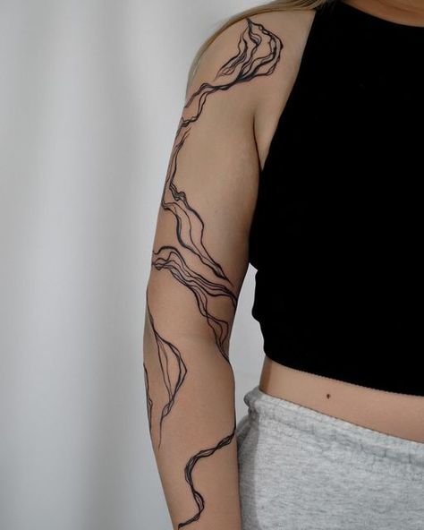 Carol Wang on Instagram: "🤍done at @jopombc" Vein Tattoo Shoulder, Black Vein Tattoo, All Elements Tattoo, Water Wrap Tattoo, Abstract Arm Wrap Tattoo, Wavy Tattoo Design Arm, Swirl Tattoo Sleeve, Swirl Arm Tattoo, Wrap Bicep Tattoo