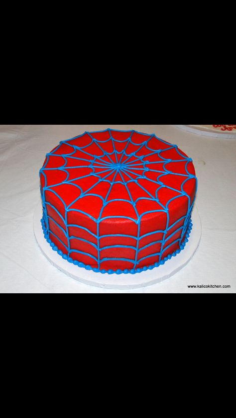 Blue and red spiderman spider web cake Web Cake Spiderman, Spider Man Ice Cream Cake, Blue Spider Man Cake, Spider Man Cake Simple, Spidey Cake Diy, Spider Man Appetizers, Spider Man Smash Cake, Spider Man And Friends Cake, Easy Spider Man Cake