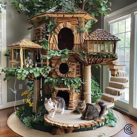 Elevate your feline friend’s playtime with the Giant Treehouse Inspired Cat Tree, a marvel of whimsical design and feline functionality. Crafted to mimic the enchanting allure of an actual treehouse, this multi-tiered structure boasts a lush faux foliage canopy, sturdy natural wood platforms, and cozy hideaways that cater to your cat’s every need. Conceptual AI Art Follow @ecosapiens for more! Cat Tree Real Tree, Cat Tree Tree, Castle Cat Tree, Cat Playroom Ideas, Cute Cat Trees, Cat Tower Aesthetic, Kitten Room Ideas, Cat Room Aesthetic, Cat Tree Aesthetic