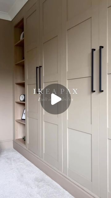 How to create a built in wardrobe with an Ikea Pax and Hendel & Hendel cabinet hardware 💫   Featuring: Battersea Pull Handle in Matt B... | Instagram Wall Cabinets For Office, Bedrooms With Cabinets, Ikea Cabinets As Built Ins, Ikea Pax Fitted Wardrobes, Ikea Bedroom Furniture Ideas, Built In Cabinet Storage, Ikea Flisberget Light Beige, Open Cabinet Bedroom, Ikea Closet System With Doors