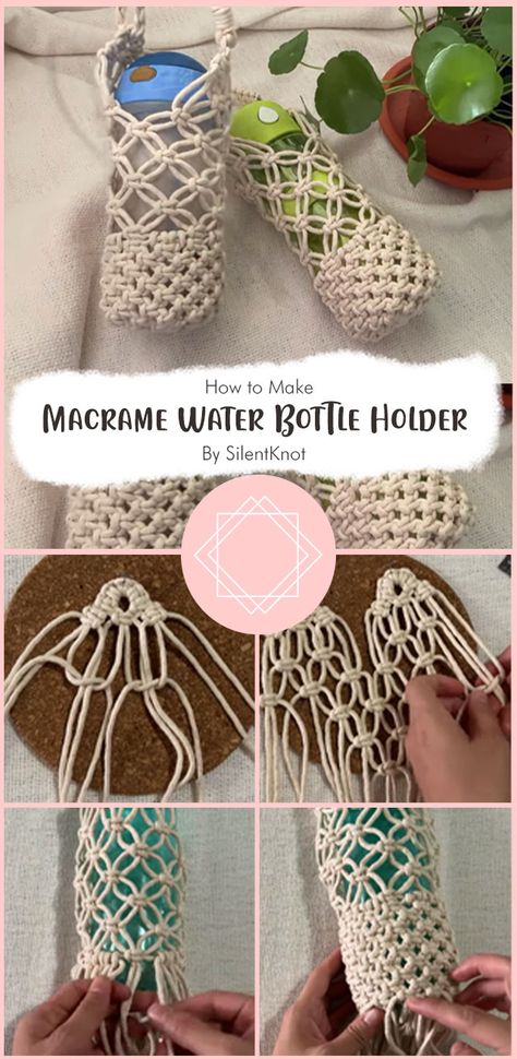 In this tutorial, SilentKnot will teach you how to make a macrame water bottle holder with added base protection. This project is really easy to do. So, let’s make a macrame water bottle holder with added base protection! Hangers For Bags, Diy Macrame Wine Bottle Holder, Macrame Water Bottle Holder Pattern, Macrame Useful Things, Crochet A Water Bottle Holder, Macrame Bottle Holder Free Pattern, Bottle Macrame Tutorial, Macrame Wine Bottle Holder Diy Tutorial, Water Bottle Macrame Holder