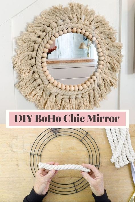 Macrame Round Mirror Diy, Diy Dollar Store Macrame, Boho Chic Mirror, Boho Diy Bedroom Decor, Diy Macrame Mirror Wall Hanging, Diy Boho Beach Decor, Diy Auction Items Crafts, Diy Boho Christmas Wreath, Boho Beach Design