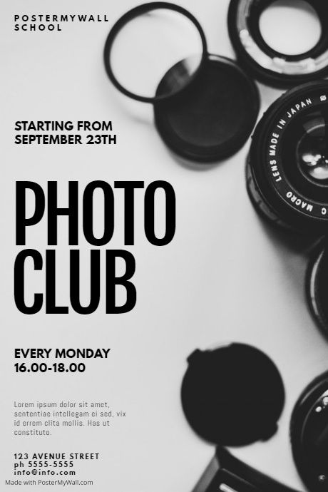 photo club flyer design template | PosterMyWall Photography Poster Design Ideas, Photography Club Ideas, Workshop Poster Design Ideas, Photo Contest Poster, Photography Workshop Poster, Photography Exhibition Poster, Photography Flyer Design, Festival Exhibition, Club Flyer Design