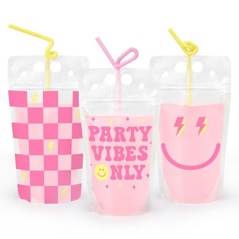 PRICES MAY VARY. Party Vibes Only: our 15 pack yellow and pink Preppy Party Drink Pouches are the birthday party addition you've been looking for + a guaranteed hit! Squad Approved: have fun celebrating with these Preppy Party Drink Pouches! The pouches come in 3 designs with 5 pcs per each including a checker print design, lightening smiley face design, and ""Party Vibes Only"" design. Pink + yellow twisty straws included. Spill Proof: say goodbye to spills with our resealable pouches; each pou Birthday Party Bags For Adults, Hang Loose Birthday Party, Sassy And Seven Birthday Party, 7 Is A Vibe Birthday Party, Birthday Themes For 13th Birthday, Smiley Face Theme Party, Good Vibes Birthday Party, Teen Birthday Decorations, Birthday Drink Pouches