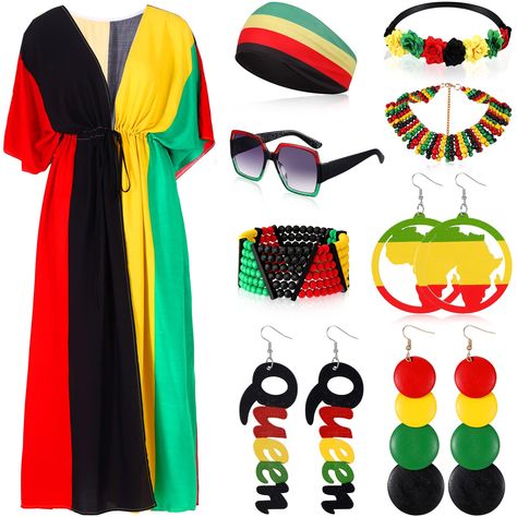 PRICES MAY VARY. Complete Costume Set: you will get 9 pieces of Jamaican outfits for women, including 1 piece of bikini cover up, 1 piece of rasta headband, 3 pairs of earrings in different of styles, 1 piece of beaded bracelet, 1 piece of necklace, 1 piece of flower headpiece and 1 pair of sunglasses, enough decorations to meet your daily matching needs Reliable Material: our Juneteenth jewelry set is mainly made of wooden slice, resin and polyester, safe and friendly to your skin, light in wei Jamaican Outfits For Women, Jamaican Outfits, Rasta Outfit, Jamaican Fashion, Rasta Clothes, Costume Set, African Shirts, Set Cover, Flower Headpiece