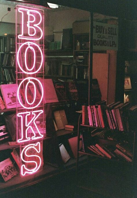 Neon "BOOKS" sign outside a bookstore Book Nerd, Book Store, I Love Books, Book Aesthetic, Neon Lighting, Love Book, Black Aesthetic, Neon Sign, Pink Aesthetic