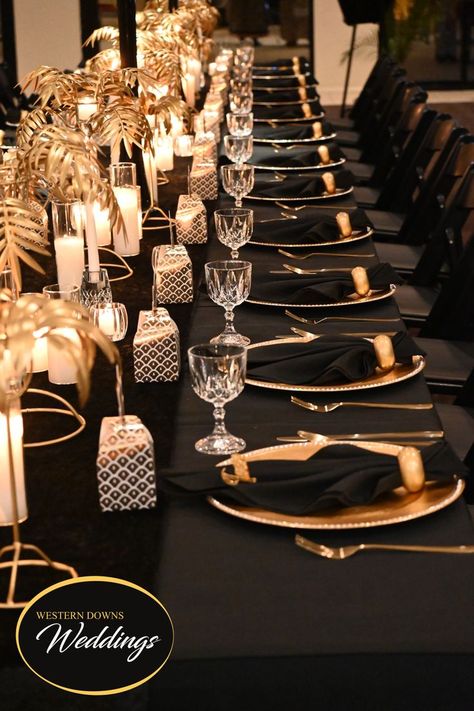 Black Gold Silver Table Setting, Gold And Black Graduation Party Decor, Classy Black And Gold Party, Rose Gold And Black Centerpiece Birthday, Gatsby Themed Party Decorations Table Settings, 80th Decoration Ideas, Gold And Black Dinner Party, Big 21st Birthday Party Ideas, All Black Affair Party Decorations