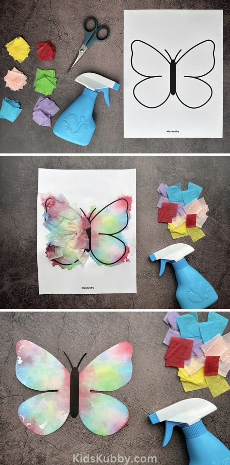 Tissue Paper Painted Butterfly Art Tissue Paper Water Art, Two Year Old Craft Ideas, Arts And Crafts 2nd Grade, Art Craft Ideas For Kids, Daycare Crafts Ages 3-4, Pre K Craft Ideas, Hands On Art Projects For Kids, Butterfly Art For Toddlers, Easy Preschool Arts And Crafts