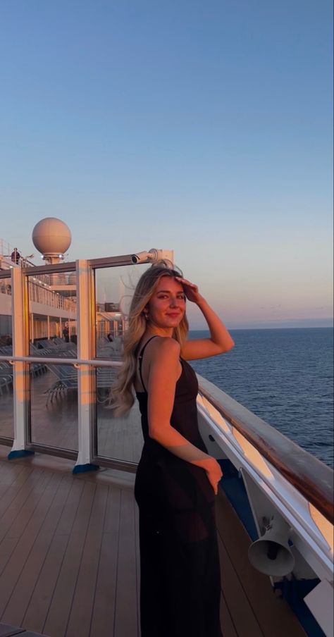 sunset, carnival, cruise, dinner, black dress, outfit, outfit inspo, picture inspo, vacation, ocean, sea, Dinner Cruise Dress, Cruise Outfits Night, Cruise At Night Aesthetic, Sunset Cruise Pictures, Cruise Sunset Pictures, Boat Cruise Aesthetic, Cruise Ship Instagram Pictures, Alaska Cruise Picture Ideas, Pictures To Take On A Cruise