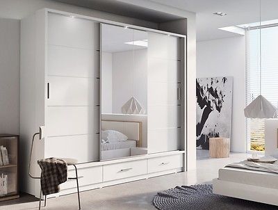 Brand New Modern Bedroom Sliding Door Wardrobe ARTI 1 250cm in Matt White Mirror White Living Room Designs, Bedroom Cupboard Ideas, Modern Bedroom Furniture Sets, Slide Doors, Cupboard Ideas, 3 Door Sliding Wardrobe, Three Door Wardrobe, Sliding Wardrobes, Armoire Dressing