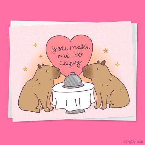 "Inspired by two real life capybaras, Clementine and Augustus, and their romantic dinner. If your SO makes you capy, this is the perfect card for your anniversary or on Valentine's day! Card features two hand drawn capybaras sitting at a romantic table with dinner, and a heart with the funny pun text \"you make me so capy\" 💖 Card size is 5.5 x 4.25 inches 💖 Blank inside for your personal message 💖 Printed on premium, sustainable FSC certified stock and comes with a matching white envelope. ✷ Capybara Valentine Card, Cute Funny Valentines Cards, Art For Your Boyfriend, Cute Valentines Cards For Boyfriend, Cute Valentine Card Ideas, Valentines Cards For Friends, Valentine Cards Funny, Cute Anniversary Cards, Cute Valentines Cards