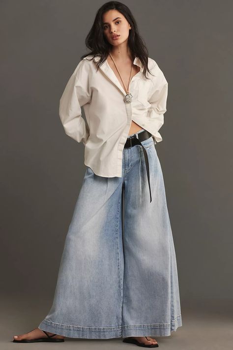 Pilcro Pleated Palazzo Mid-Rise Wide-Leg Jeans | Anthropologie Palazzo Jeans, Applique Blouse, Pleated Tops, Pleated Maxi Dress, Jeans Outfit, Capped Sleeve Dress, Stripe Skirt, Peasant Blouse, Boho Blouses