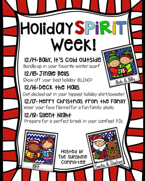 Do you do a Holiday Spirit Week? We organized this last year, but would love some new ideas! #teacherfashion #holidayspiritweek Christmas Spirit Day Ideas, Holiday Spirit Week Ideas, Spirit Week Flyer, Holiday Spirit Week, Spirit Week Ideas, Spirit Weeks, Spirit Week Themes, Spirit Day Ideas, Staff Ideas