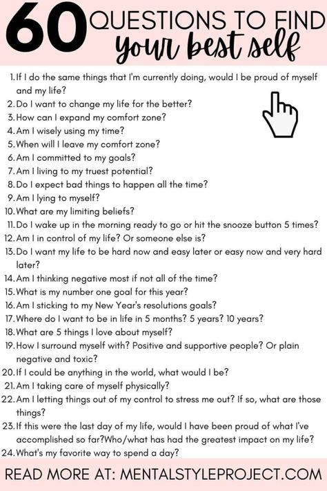 60 Self-Reflection Questions To Find The Best Version Of Yourself [+Exercise] - MSP Self Introspection Questions, Self Improvement Personal Development Questions, Questions To Get To Know Yourself, Introspection Questions, Have You Ever Questions, Mentally Healthy, Journal Questions, Journal Organization, Life Review