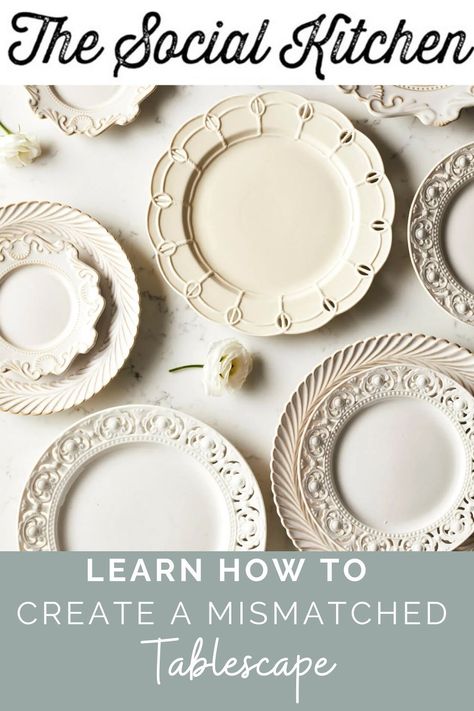 How to Create a Mismatched Table Setting. By mixing and matching items, you can keep the style but introduce more playfulness, creating a table setting that's really inviting. The idea is to create depth and interest on your tablescape by playing with contrasting items. Discover my tips for a mismatched tablescape! #tablescape #tablesetting Wedding Mismatched Plates, Mix Match Dinnerware Table Settings, Setting Dinner Table Decor, Mismatched White Dishes, Mixed Plates Table Setting, Vintage Wedding Table Settings Mismatched China, Mixed China Table Setting, Mix And Match Table Setting, Thrifted Table Settings