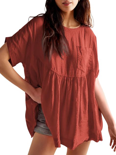 PRICES MAY VARY. Made from high-quality materials, soft linen-blend, cotton, soft, lightweight, comfortable to wear all day. this cute flowy mini dress top flatters all body types Design: Loose fit, oversized, babydoll-inspired silhouette, short sleeve, crew neck, chest pocket, keyhole closure at back, pleated detailing for added fashion, solid color, summer peplum tops, loose mini dress Easy Match: Babydoll tops for women are perfect to pair with any jeans, leggings, shorts, and sweatpants. Als Plus Size Babydoll Top, Outside Concert Outfit Summer Casual Plus Size, Tops That Go With Linen Pants, Cute Womens Outfits Summer, Summer Fits Going Out, Night Out Tops For Women, Relaxed Clothing Style Comfy Casual, Southern Mom Style, Soft Chic Outfit