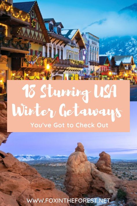 The top places to go in the USA in winter. Amazing winter getaways in the USA that are absolutely stunning. Missouri Winter Getaways, Winter Cabin Vacation, Winter Birthday Trip Ideas, December Weekend Getaway, Midwest Winter Getaways, Winter Vacation Destinations, Romantic Winter Getaways In The Us, January Travel Destinations Usa, Best Places To Visit In December Usa