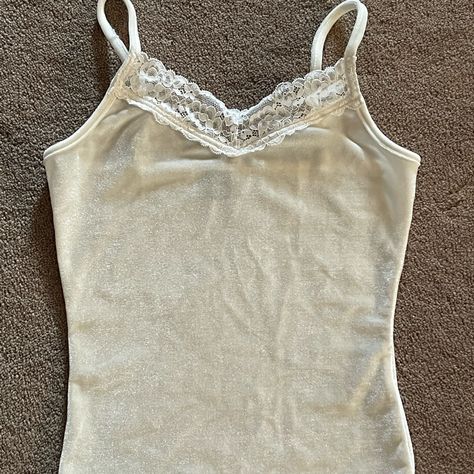 Off White, Velvet Tank With Adjustable Straps. Lace Trim. Never Worn (Picky Teen) White Tank Top With Lace, Dream Clothes T-shirts & Tank Tops, Lace Tank Top Outfit Layered, Cute Lace Tops, Coquette Tank Top, Lace Tank Tops Outfit, Lace Undershirt, Lace Tank Tops, Thrift Board