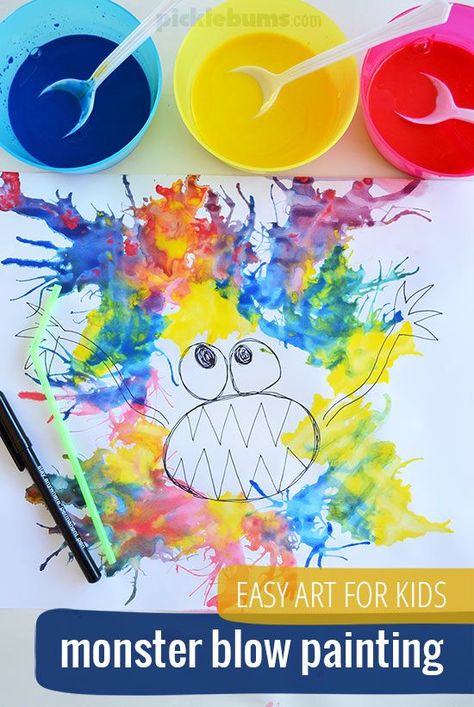 Monster Blow Painting - an easy art idea - what a fun activity for a kids' Halloween party! (Think I'm gonna try this at our next play date). Letters Activities, Blow Painting, Stem Art, Blow Paint, Easy Art For Kids, Manualidades Halloween, Painting Activities, Preschool Letters, Easy Art