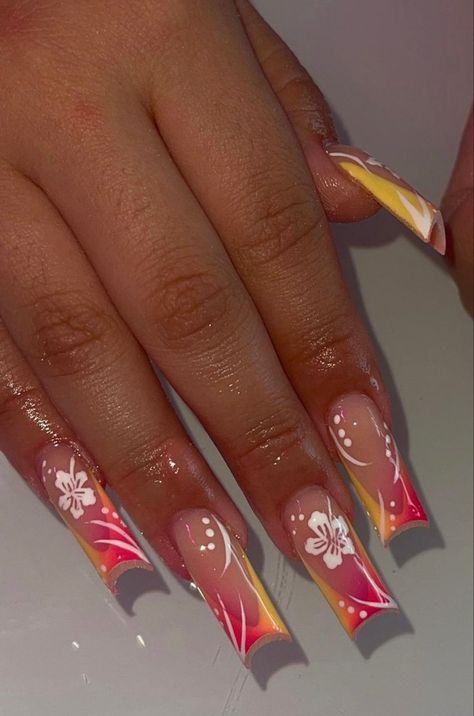 Hawaiian Nails, Hawaii Nails, Cruise Nails, Summery Nails, French Tip Acrylic Nails, Her Nails, Short Square Acrylic Nails, Unique Acrylic Nails, Vacation Nails