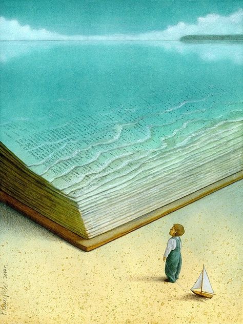 Pawel Kuczynski illustrations - Ocean of knowledge The Ocean, Naha, Grafika Vintage, 판타지 아트, E Card, Read Books, Surreal Art, Book Illustration, Amazing Art