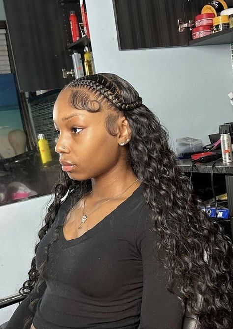 New Back To School Hairstyles, Half Up Half Down With Braid Black Women, Prom Ideas Hairstyles, Quick Weave With Braids On The Side, Sew In Two Braids, Cute Hairstyles With Weave Black Women, Braided Hairstyle Ideas For Black Women, 2 Braids And Sew In, French Braids With Sew In Weave