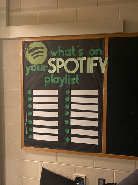 Music Staff Bulletin Board, Podcast Bulletin Board, School Music Room Design Ideas, Music Boards Bulletin Ideas, Music Themed Ra Bulletin Boards, Bulletin Board Ideas Music, Tiktok Bulletin Board, Choir Bulletin Boards High School, September Bulletin Board Ideas High School