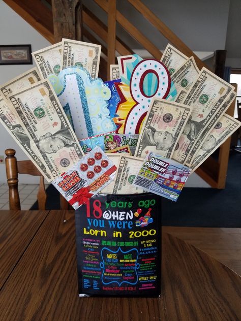 Great idea for 18th birthday!  18 $10 bills along with a few lottery tickets AND a 1 year old card plus a 8 year old card.  All held in birthday bag by taping them to kabob sticks & pushed in styrofoam.  He loved it!!!! 18th Birthday Gifts Lottery Tickets, 18th Birthday Money Gifts, 18th Birthday Basket Ideas, Lottery Ticket Gift Ideas 18th Birthday, Money Gifts For 18th Birthday, 18th Male Birthday Party Ideas, 18th Birthday Cash Gift Ideas, Fun 18th Birthday Gift Ideas, 18th Birthday Gift Card Ideas