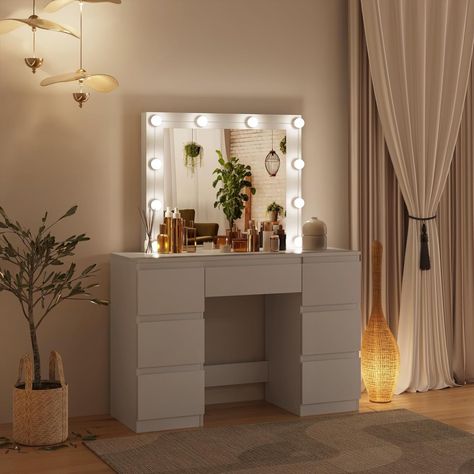 #makeuptable makeup #cosmetictable #dressingtable #lightning #led Coastal Makeup Vanity, Cosmetic Table, White Dresser Bedroom, Dressing Table Modern, Modern Dressing Table Designs, Makeup Dresser, Girls Dressing Table, Small Dressing Table, Mirror Dressing