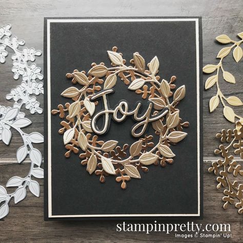 Natal, Christmas Cards Stampin Up Ideas Simple, Stampin Up Joy Of Christmas, Handmade Holiday Cards, Wreath Stamp, Wreath Cards, Mary Fish, Stamped Christmas Cards, Stampin Pretty