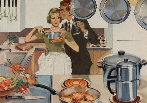 Kitchen Kiss 1950's magazine illustration.                                                    . Cooking In The Kitchen, Vintage Cooking, Cooking Together, Postcard Size, Retro Kitchen, Cooking Kitchen, Serveware, Gift Wrapping Supplies, Party Hats