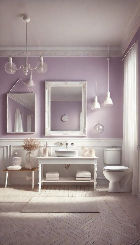 Purple Bathroom Ideas, Light Purple Paint, Lilac Bathroom, Purple Accent Walls, Pastel Bathroom, Lavender Bathroom, Purple Bathroom, Cream Bathroom, Silver Bathroom