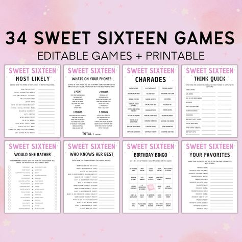 Editable Sweet Sixteen Birthday, 16th Birthday Games, 16th Birthday Bundle, Teen Girl Party Games, Sixteen Birthday, Canva - Etsy Sweet 16 Games Activities Fun, Sixteenth Birthday Ideas Party Themes Sweet 16, Teen Girl Party Games, Sweet 16 Activities, Girl Party Games, Charades Words, Sweet Sixteen Party Themes, Sweet 16 Games, Sweet 16 Party Planning