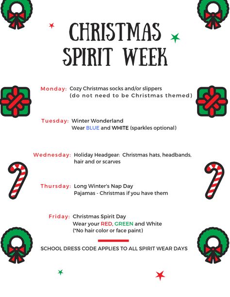 December Holiday Spirit Week, Christmas Work Week Ideas, Christmas Spirit Week Elementary School, Daycare Christmas Spirit Week, Christmas Work Ideas 12 Days Of, School Christmas Spirit Week, Christmas Spirit Week Ideas For Preschool, Christmas Theme Spirit Week, Holiday Spirit Week Ideas School